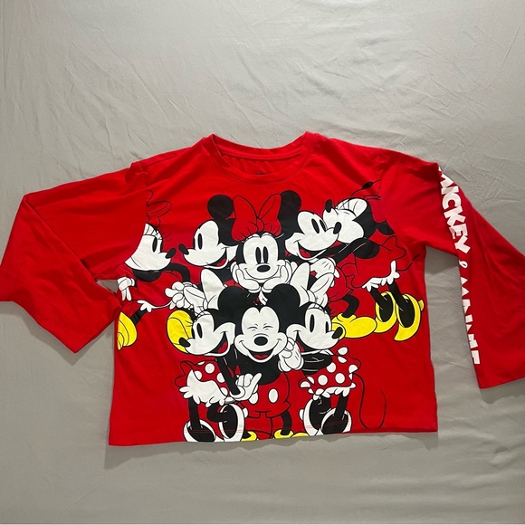 Disney Mickey Minnie Mouse Print Cropped Crew Neck Long Sleeves red tee SZ XXL - Picture 8 of 16